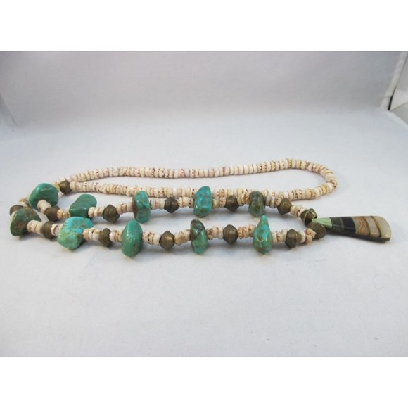 Southwestern Turquoise Nugget Brass Shell Pendant Necklace - Picture 12 of 16